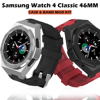 Для Samsung Galaxy Watch 4 Classic 46 мм 5 Pro 45 мм 4/5 44 мм Чехол из Нержавеющей Стали и Резиновый Ремешок Комплект Аксессуаров Для Модификации
