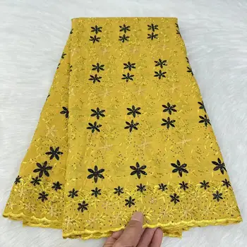Желтое и черное швейцарское вуалевое кружево из Швейцарии с кристаллами, вышитая ткань из чистого хлопка для пошива мусульманского халата 5 ярдов