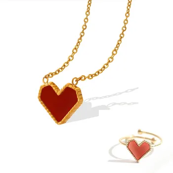 Красное акриловое ожерелье с подвеской в виде сердца из нержавеющей стали, кольцо для женщин, изысканные трендовые Романтические украшения, подарок на День Святого Валентина, День рождения