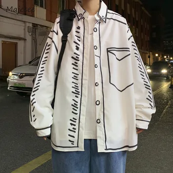 Мужские рубашки с граффити, мешковатый Корейский стиль, ручная роспись, Молодежная жизненная сила, отложной воротник, длинный рукав, минималистичная мода