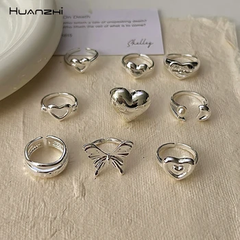 Открытое кольцо HUANZHI Butterfly Heart, несколько стилей, металл серебристого цвета, сладкие винтажные украшения Y2K для женщин и девочек