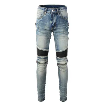 Уличная мода, мужские джинсы, ретро Синие эластичные облегающие байкерские джинсы с пайетками, мужская кожаная нашивка, дизайнерский хип-хоп бренд, мужские брюки