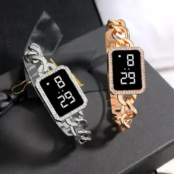 Электронные часы, многофункциональные, водонепроницаемые, с сенсорным управлением, женские модные цифровые часы с квадратным горным хрусталем и светодиодной подсветкой для повседневной носки